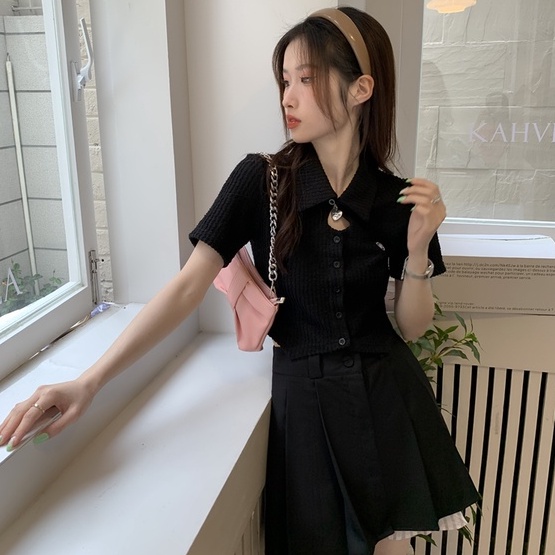 Áo thun polo ZHELIHANGFEI dệt kim tay ngắn lưng cao thiết kế cá tính quyến rũ cho nữ