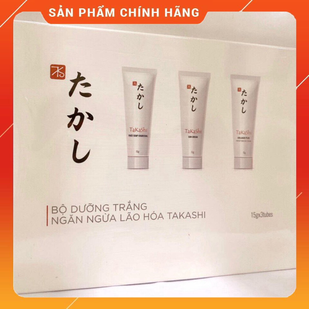 Bộ dưỡng trắng ngăn lừa lão hóa, nám da TAKASHI 15gram Sữa rửa mặt, kem chống nắng- kem tạo sợi collagen ban đêm