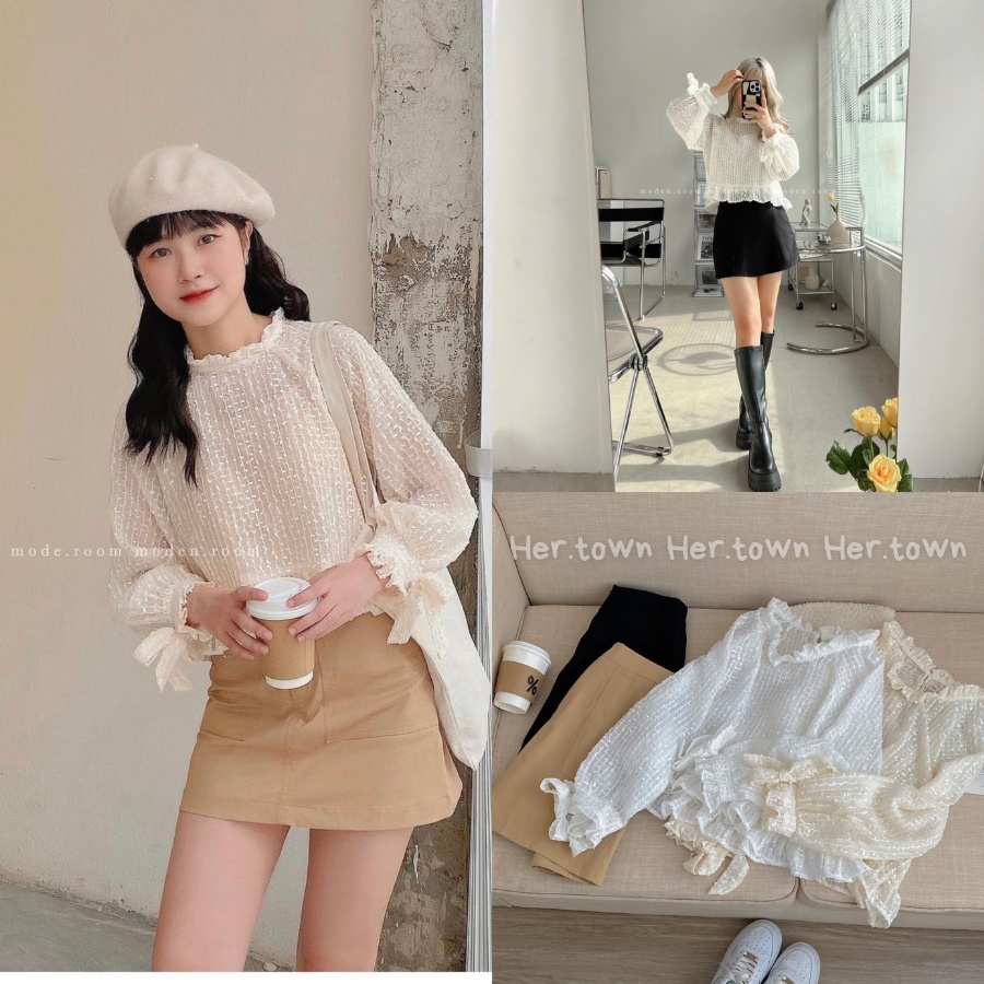 Set áo kira cổ bèo thêu nổi mix chân váy kaki