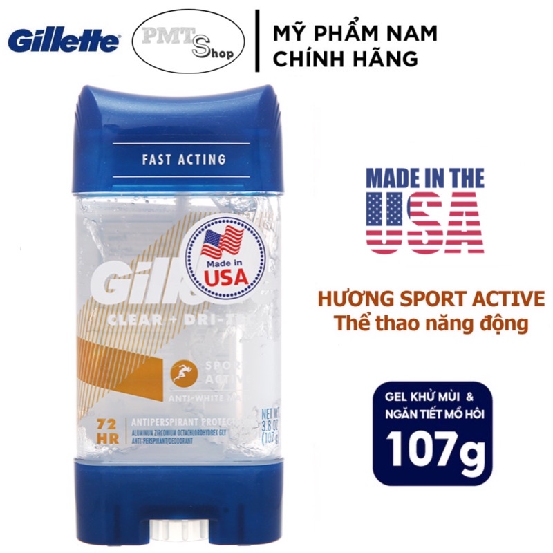 Lăn khử mùi nam Gillette Clear Gel 107g Sport Active , 5X Clase Mundial