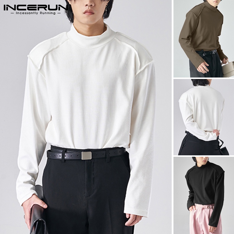 Áo thun INCERUN dáng rộng tay dài cổ cao 3 màu đơn giản thời trang cho nam