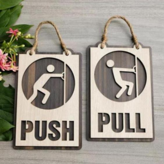 Bảng Kéo Đẩy Pull Push Decor Vintage Bằng Gỗ Dán Cửa Cao Cấp, Bảng Chỉ Dẫn Gỗ Treo Cửa 2 Lớp Cắt Laser Gỗ Cao Cấp
