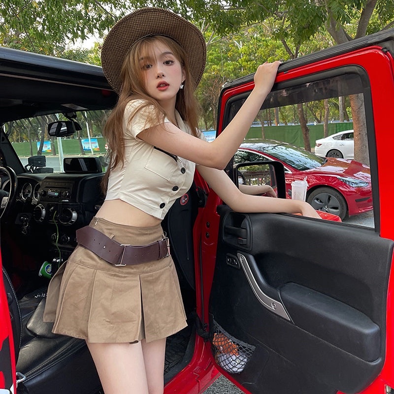 Chân Váy Xếp Ly Dáng Ngắn Cạp Cao Kèm Đai Siêu Hot