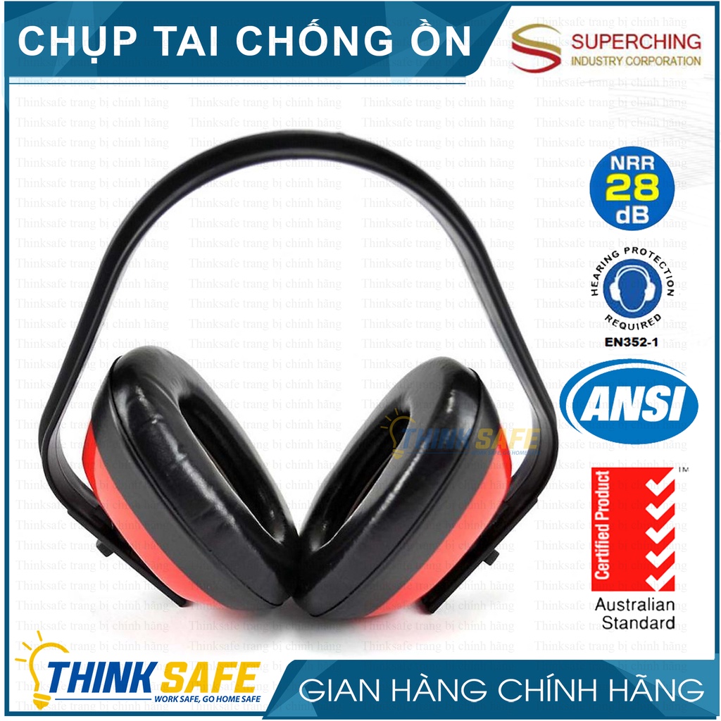 Chụp tai chống ồn SuperChing JE201 dùng trong môi trường nhiều tiếng ồn, nhẹ êm ái, giảm ồn 28dB ((Đỏ đen) - Thinksafe