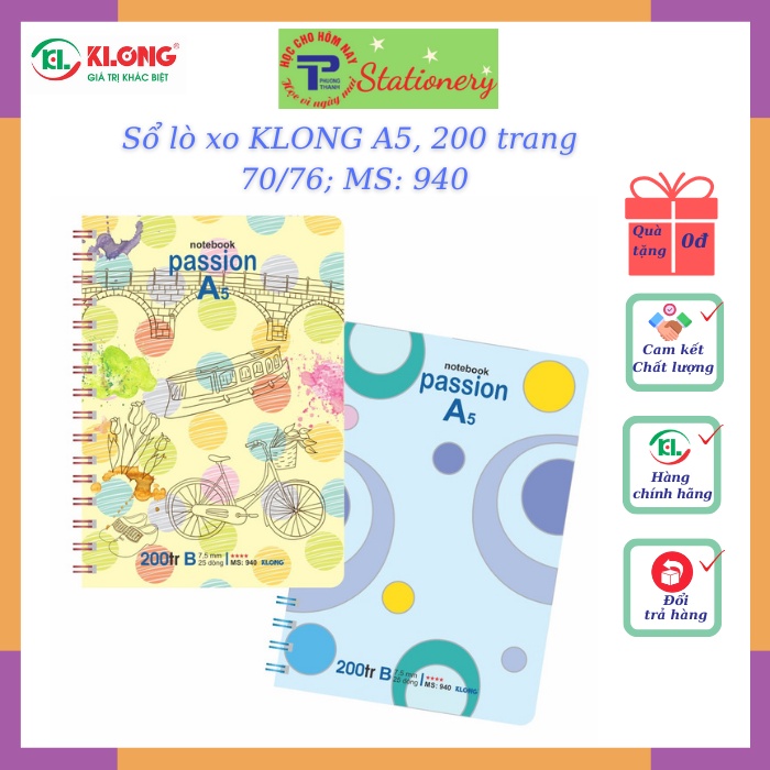 Sổ Klong KN lò xo KLONG A5, 200 trang 70/76; MS: 940