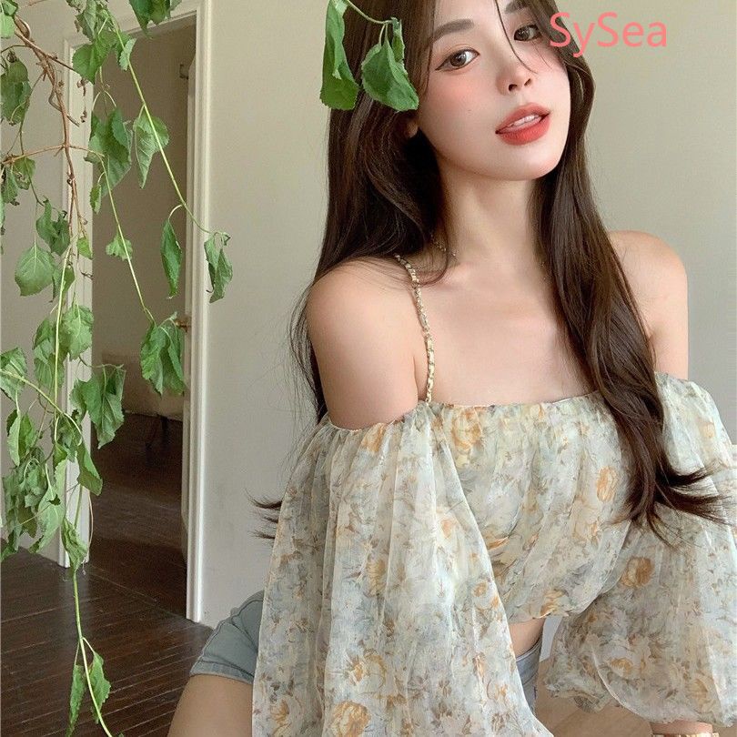 Áo Croptop Chiffon Họa Tiết Hoa Phong Cách Vintage Pháp