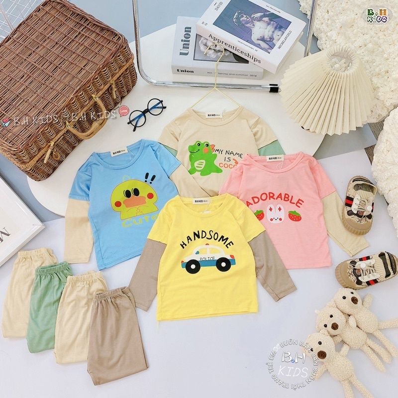 Bộ dài tay cho bé trai và bé gái Minky Mom 7-17kg phối màu chất thun lạnh hoạ tiết dễ thương A026