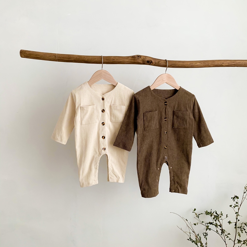 Bộ Áo Liền Quần Tay Dài Cài Nút Màu Trơn Thời Trang Thu Đông Cho Bé Trai/Gái