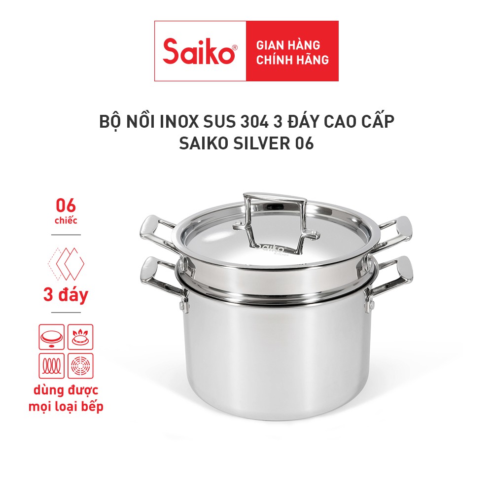 Bộ nồi inox bếp từ 3 đáy cao cấp 1 chõ hấp, 1 chảo, 4 nồi kèm nắp Saiko Silver 06