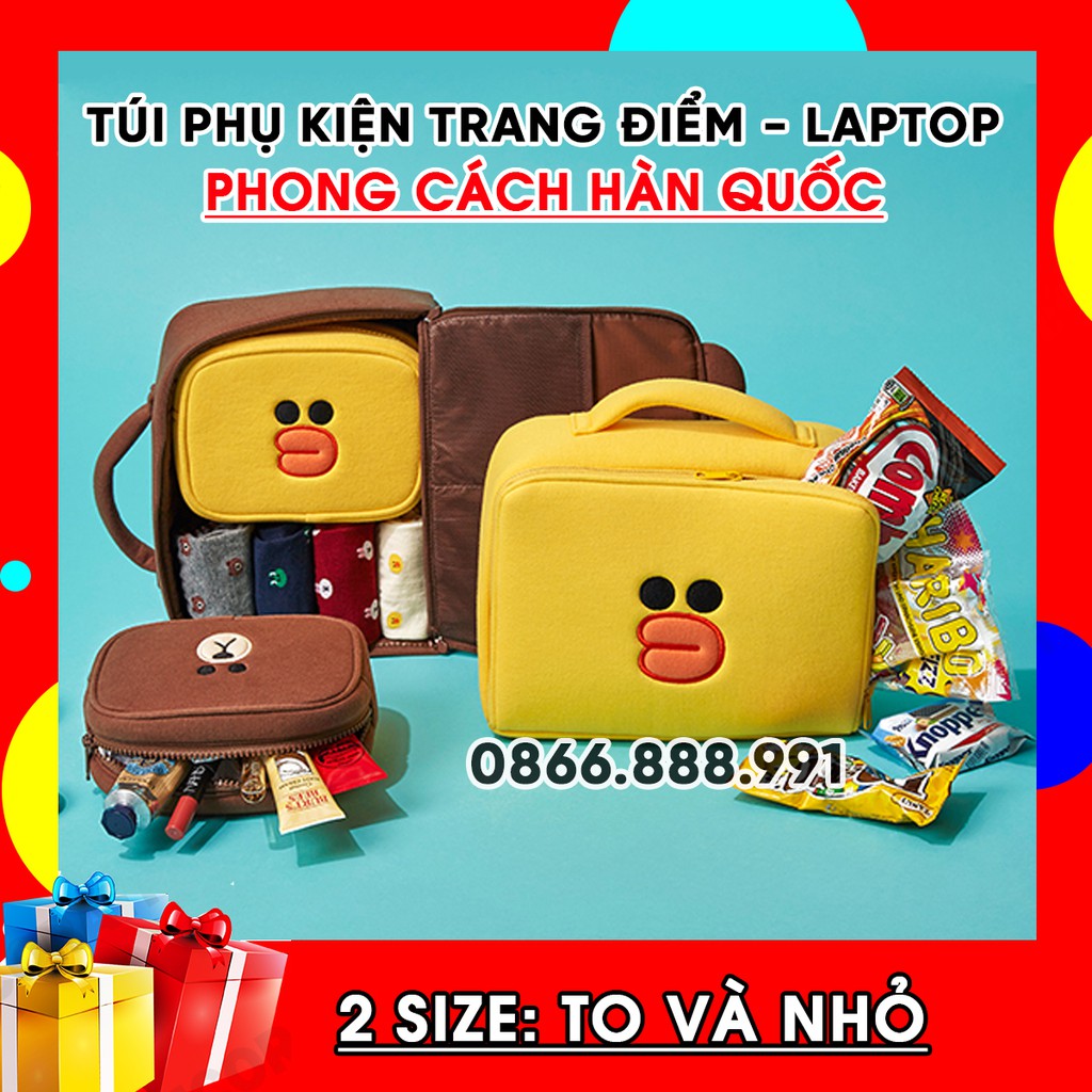 Túi Đựng Đồ Trang Điểm Hoặc Phụ Kiện Laptop Phong Cách Hàn Quốc Gấu Brown, Vịt Sally