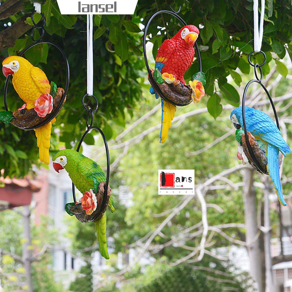 ❤LANSEL❤ Garden Decor Parrot Statue Iron Ring Lawn Ornament Bird Statues Artificial Home Garden Resin Perching Hanging Sculpture/Multicolor