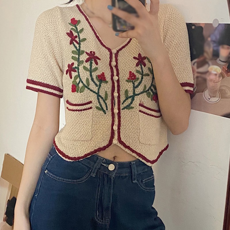 Áo cardigan tay ngắn cổ chữ V kiểu dệt kim họa tiết thêu hoa phong cách retro trẻ trung