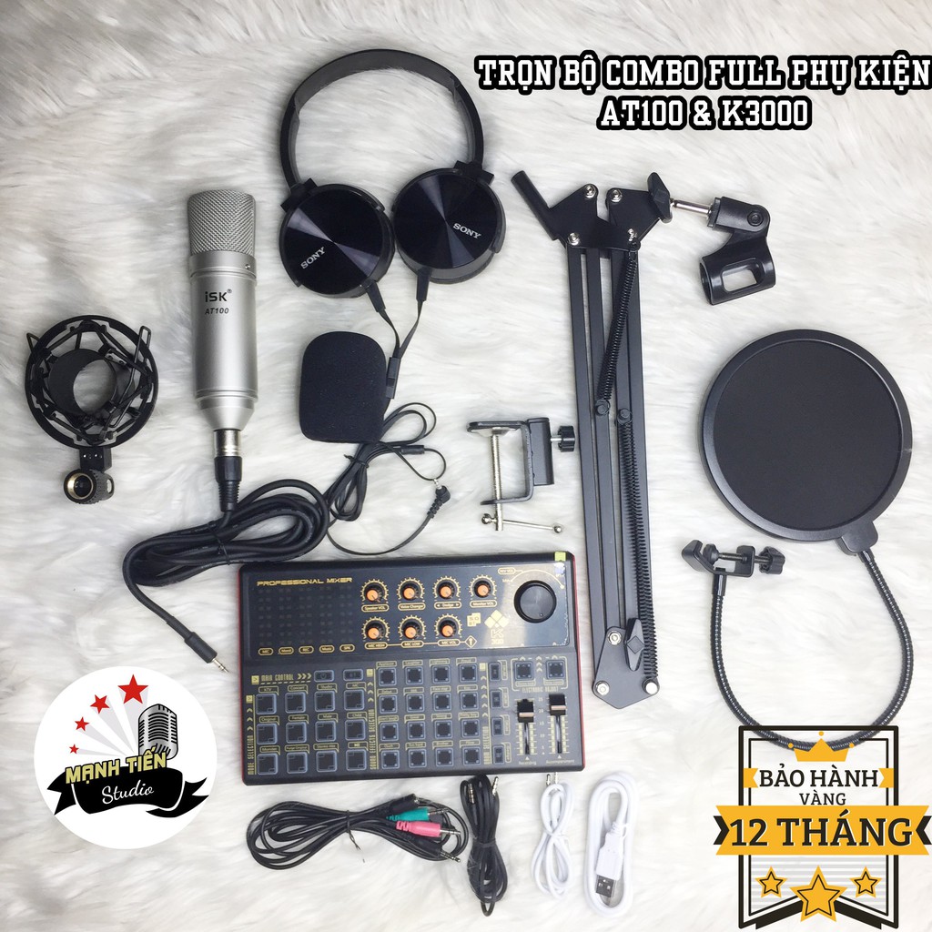 Trọn bộ combo micro Hoa Vinh AT100 loại 1+ sound card K3000+full phụ kiện livestream karaoke thu âm chuẩn bh 12th xịn sò