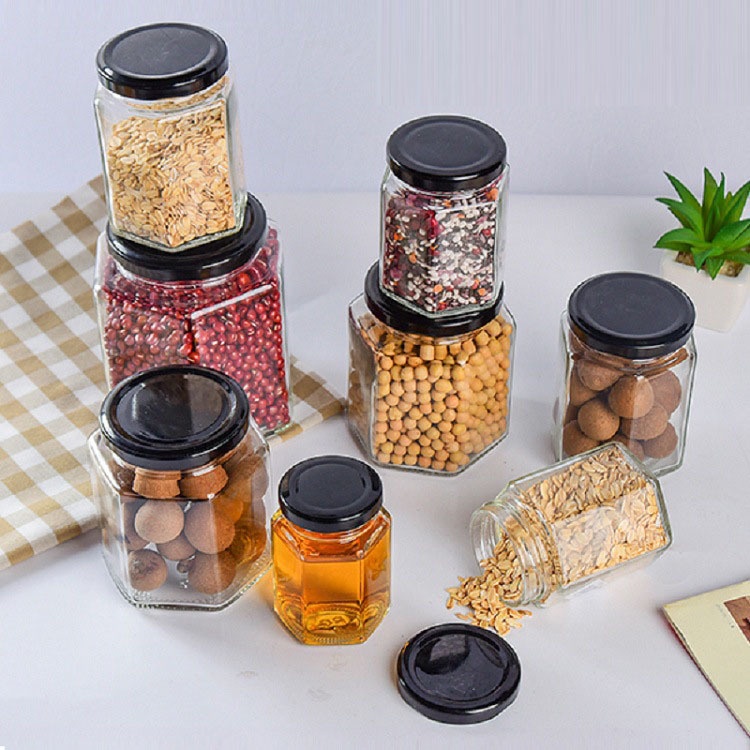 Hũ thủy tinh lục giác nắp thiếc đen loại tốt cứng cáp