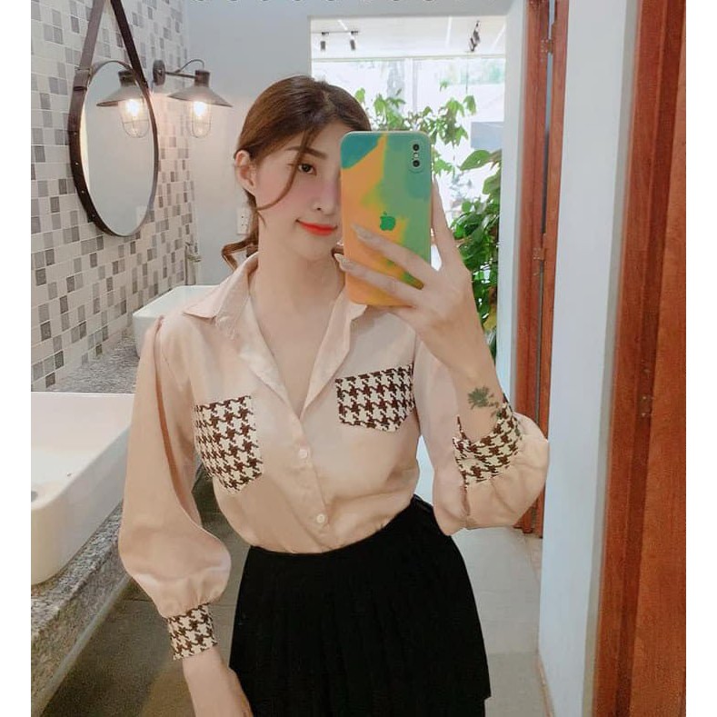 Áo sơ mi nữ trơn tay dài túi kẻ caro trước ngực hàng đẹp ♥️Gloria Shop♥️