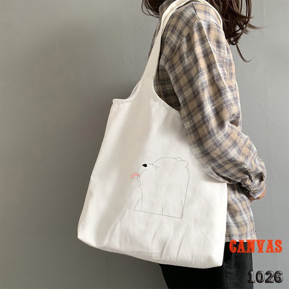 Túi Tote Trắng Chất Vải Canvas 503 1026 Bear Lè Lưỡi Dễ Thương Hàng Chuẩn Đẹp - Hazo