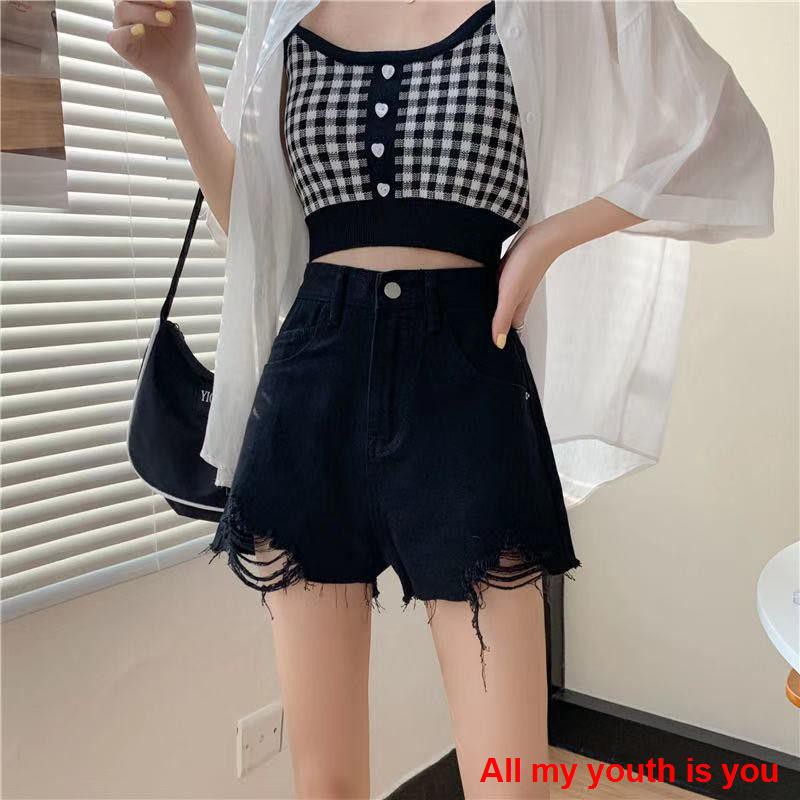 [Spot real shot 💕]quần soóc nữ   2021 new summer black ripped denim shorts for female students with high waist, loose, wide-leg, raw edge a-line hot pants trend