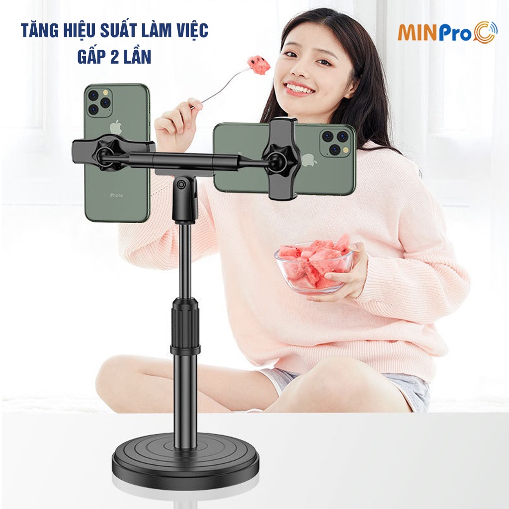 Giá đỡ điện thoại Microphone Stands 2 kẹp chống lưng 360, đế chân tròn để bàn livestream đa năng, tiện lợi MINPRO
