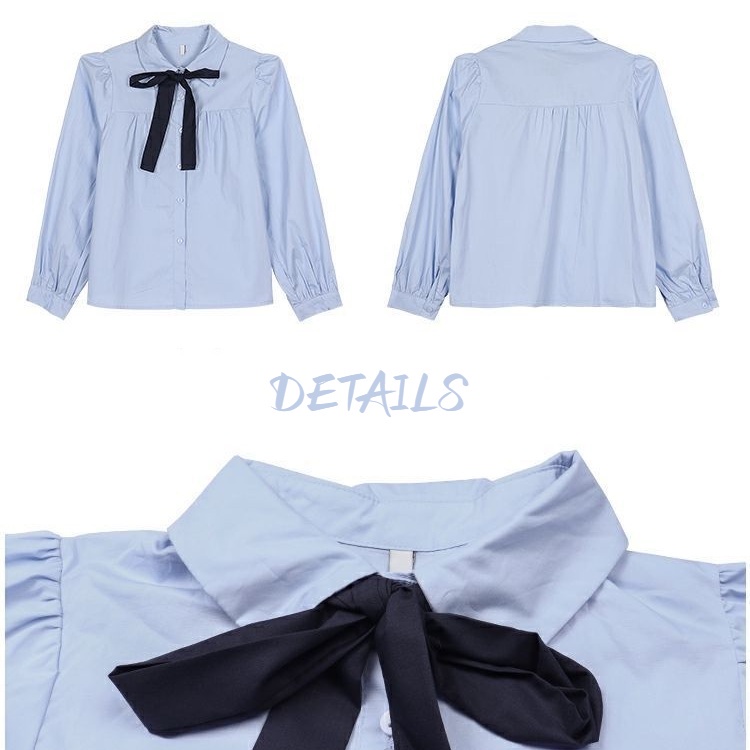 Áo sơ mi màu trơn dài tay thắt nơ xinh xắn thời trang Hàn Quốc cho nữ