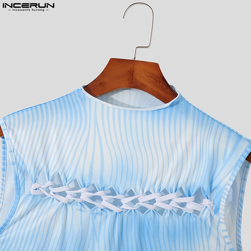 Áo ba lỗ INCERUN sát nách cột dây in họa tiết màu nhuộm loang thời trang cho nam