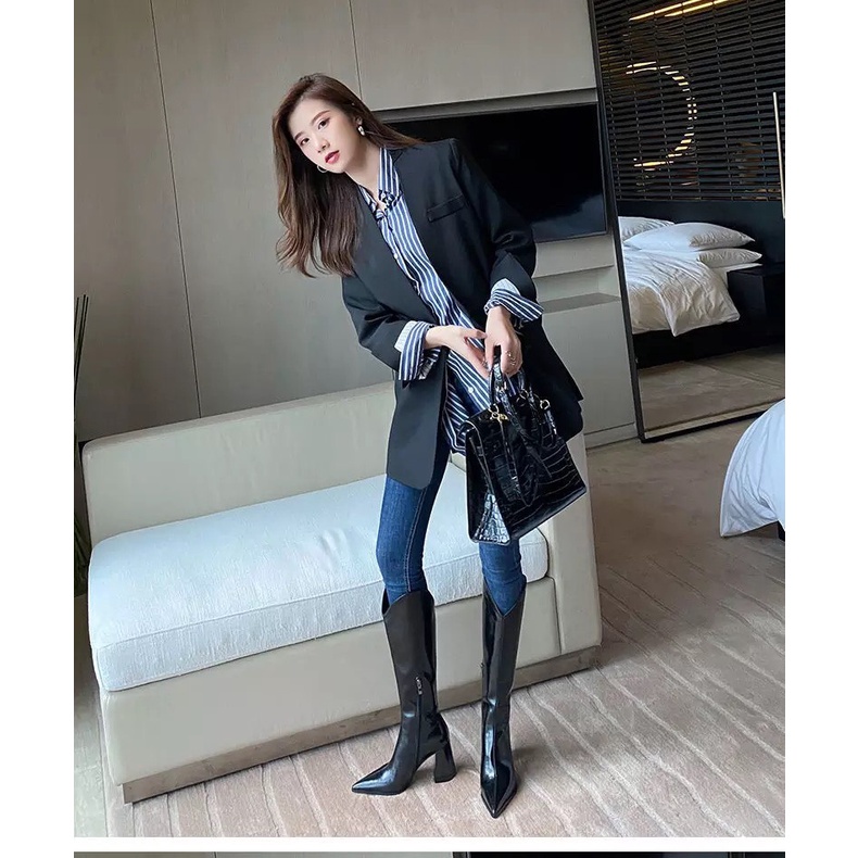 Bốt đùi nữ chất da cổ chữ V mẫu mới, giày bốt cao cổ nữ đế cao 3p và 7p kiểu dáng sang chảnh | BigBuy360 - bigbuy360.vn