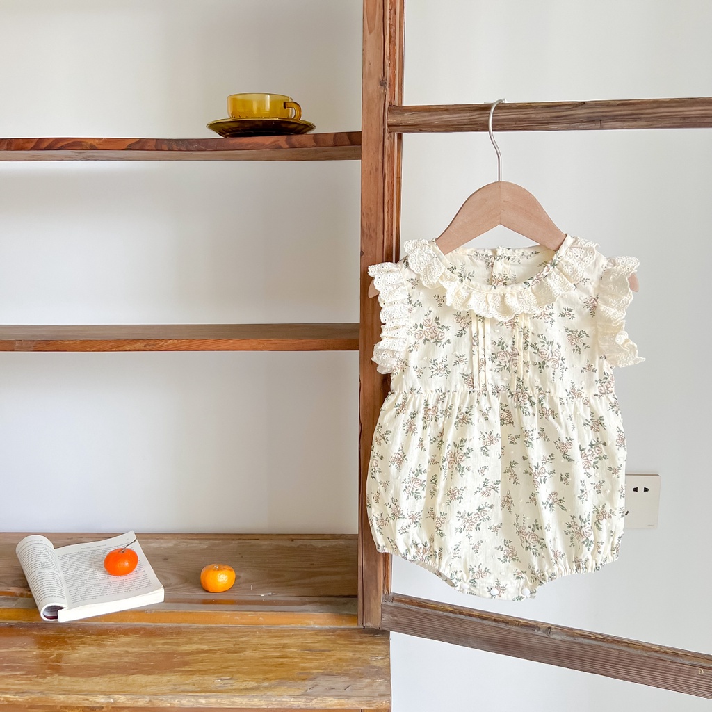 Bộ Áo Liền Quần Bằng Cotton Phối Ren Hoa Dễ Thương Dành Cho Bé Gái