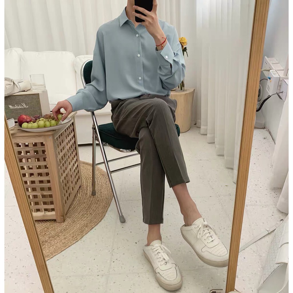 Áo sơ mi from rộng cổ bẻ UNISEX màu xám xanh, nút trắng phong cách cho giới trè