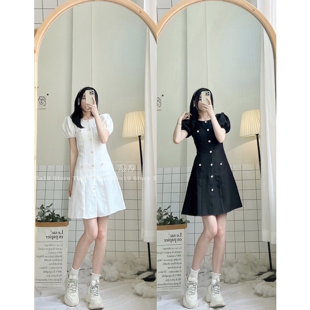 Váy khuy dọc ulzzang cộc tay Tia19. Đầm khuy cộc tay dáng xoè dự tiệc