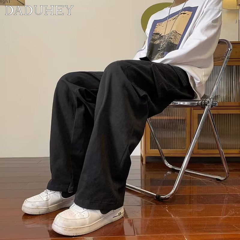 DaDuHey American Retro Autumn Multi-Pocket Elastic Waist Overalls Men and Women Oversize Baggy Straight Pants