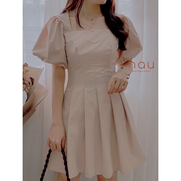 Đầm chít eo tay phồng chất kaki hàn sang chảnh 2 màu trắng-kem | BigBuy360 - bigbuy360.vn