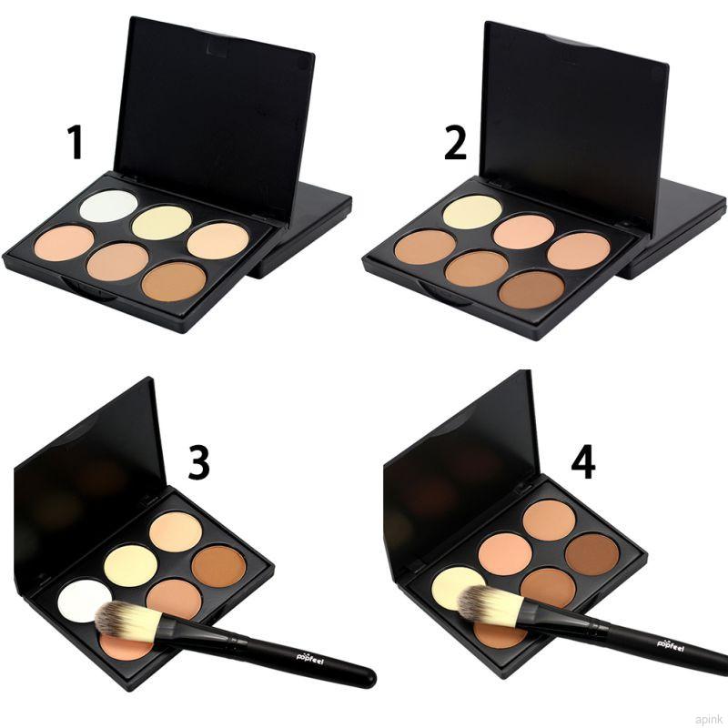 [Hàng mới về] Set phấn bắt sáng dạng nén/tạo khối/bronzer che khuyết điểm/phấn bắt sáng dạng nén kèm cọ 6 tông màu