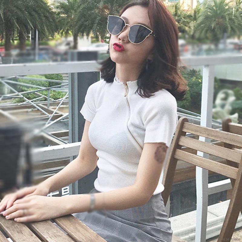 Áo dệt kim tay ngắn phối khoá kéo phong cách Hàn Quốc