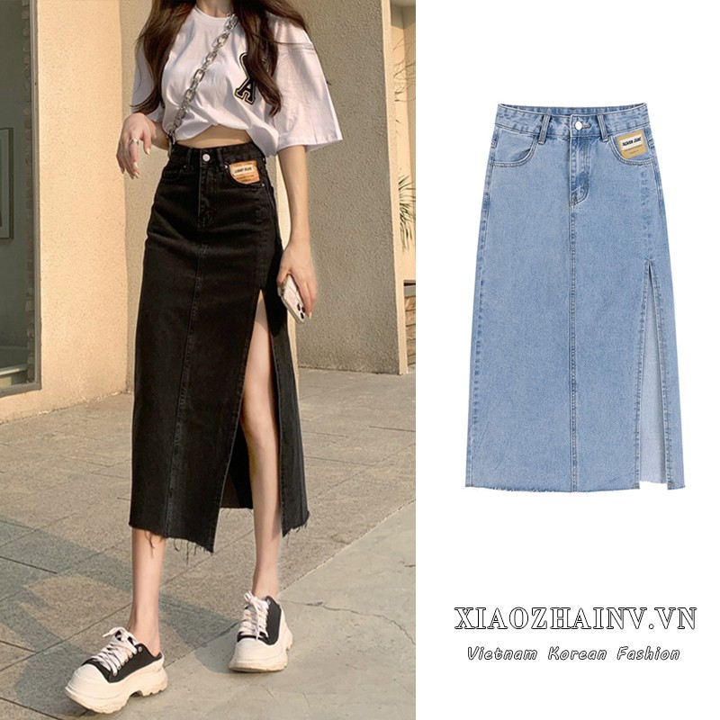 Xiaozhainv Chân Váy Denim Lưng Cao Xẻ Tà Quyến Rũ Cho Nữ