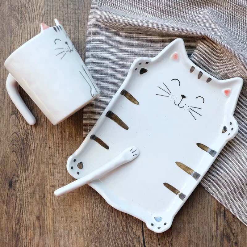 Cốc đĩa thìa mèo ghi và mèo máy, bát ăn dặm cho bé, bát đĩa hoạt hình: 5.20 và 5.16.1