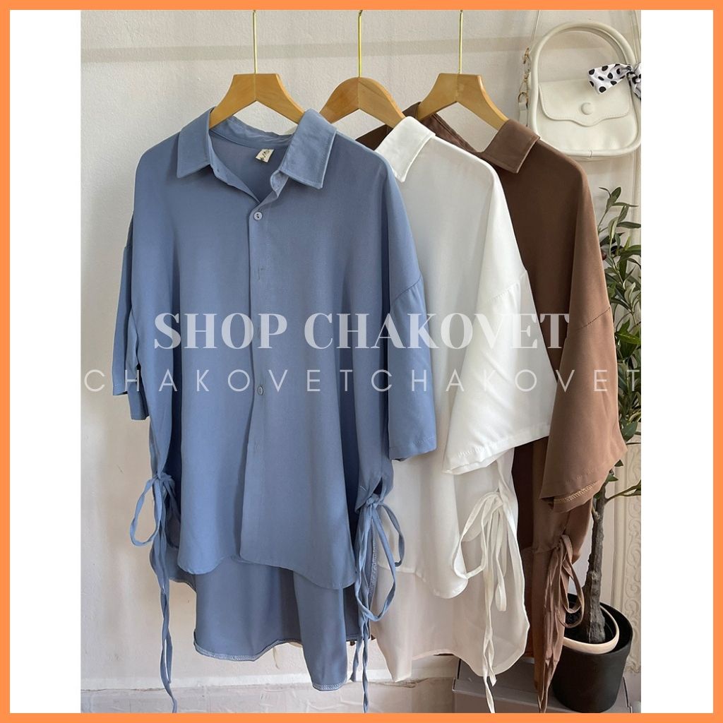 Áo babydoll nữ tay ngắn buộc nơ CKA865, mẫu áo sơ mi nữ form rộng xẻ tà 2 bên thắt nơ siêu xinh freesize &lt;53kg mẫu mới