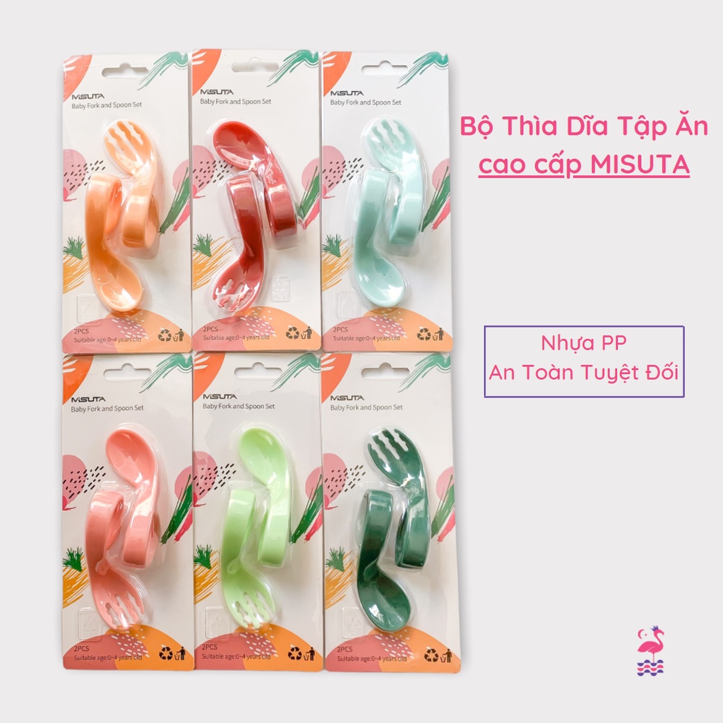 Bộ Thìa Dĩa - Muỗng Ăn Dặm Misuta Tay Cầm Uốn Cong Giúp Bé Tập Xúc Dễ Dàng Chất Liệu Nhựa PP5 Cao Cấp Ấm Gift Decor