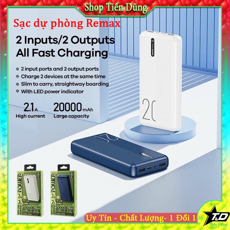 Pin Sạc Dự Phòng Remax RPP-296 Dung Lượng 20000mAh Lõi Polymer 2 Cổng Sạc Vào, 2 Cổng Sạc Ra sạc nhanh 10w