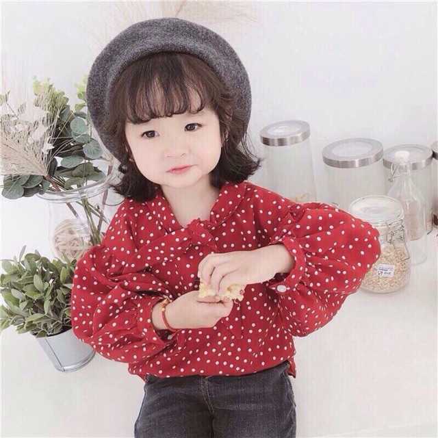 Áo sơmi lụa đỏ chấm bi (size 1/2-7/8y)