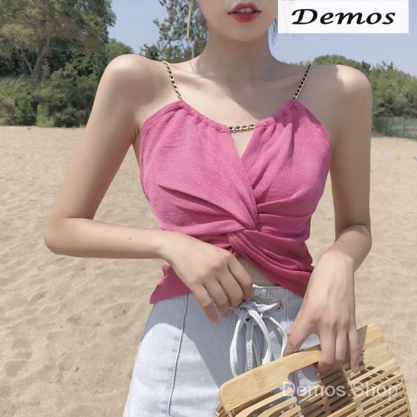 Thời Trang Nữ Áo Dây Xếp Ly Phối Dây Xích Thời Trang Mùa Hè Quyến Rũ Dành Cho Nữ
