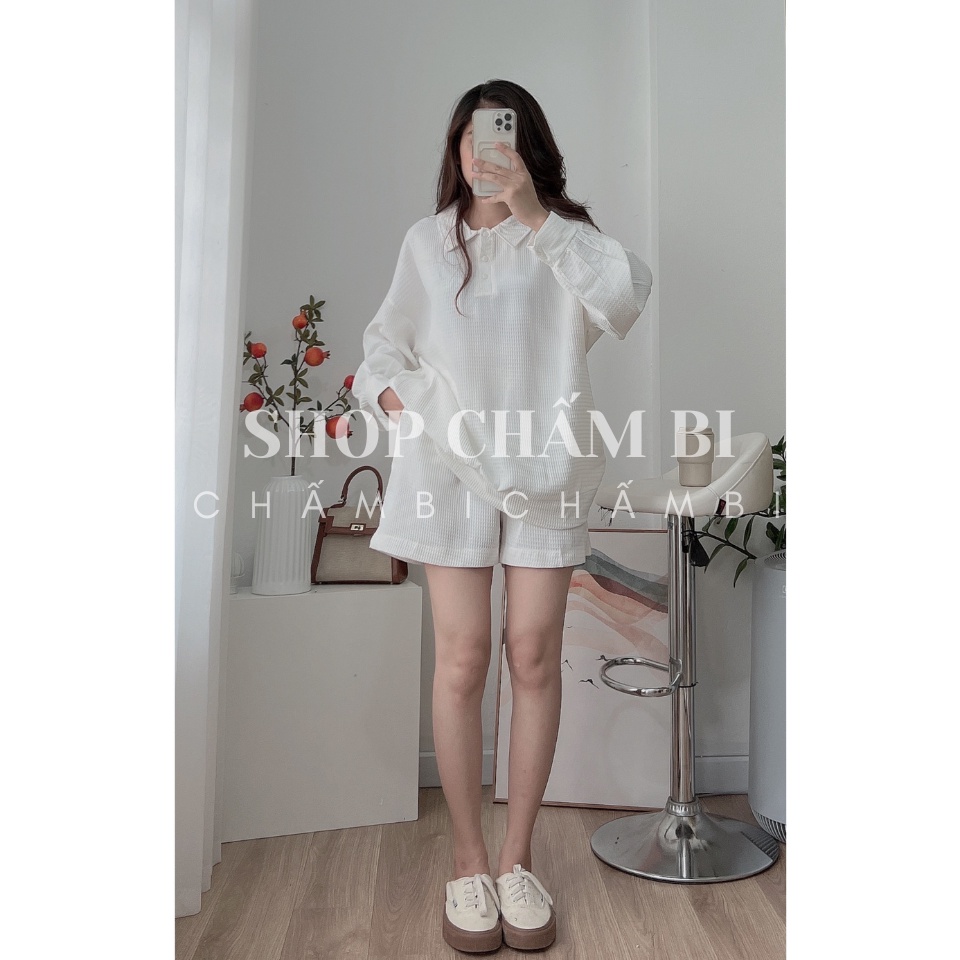 Set polo nữ form rộng S.097, Set áo polo cổ sen tay dài kèm quần short năng động - Thời trang nữ Shop Chấm Bi