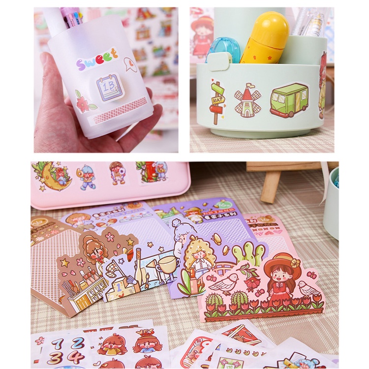 Set sticker cute hoạt hình 16 tấm tặng kèm dụng cụ hỗ trợ - Bộ 4 tấm sticker cô gái dễ thương nhiều chi tiết