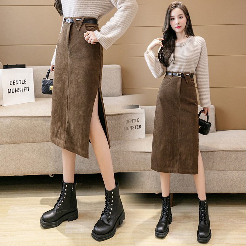 Chân Váy Nhung Dài Xẻ Ngang Hông Kèm Thắt Lưng