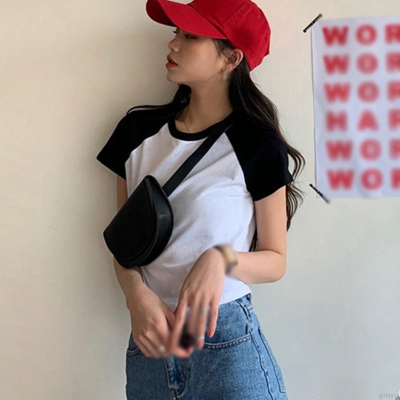 Áo thun dáng lửng ngắn tay phối màu sắc thời trang mùa hè Hàn Quốc năng động cho nữ