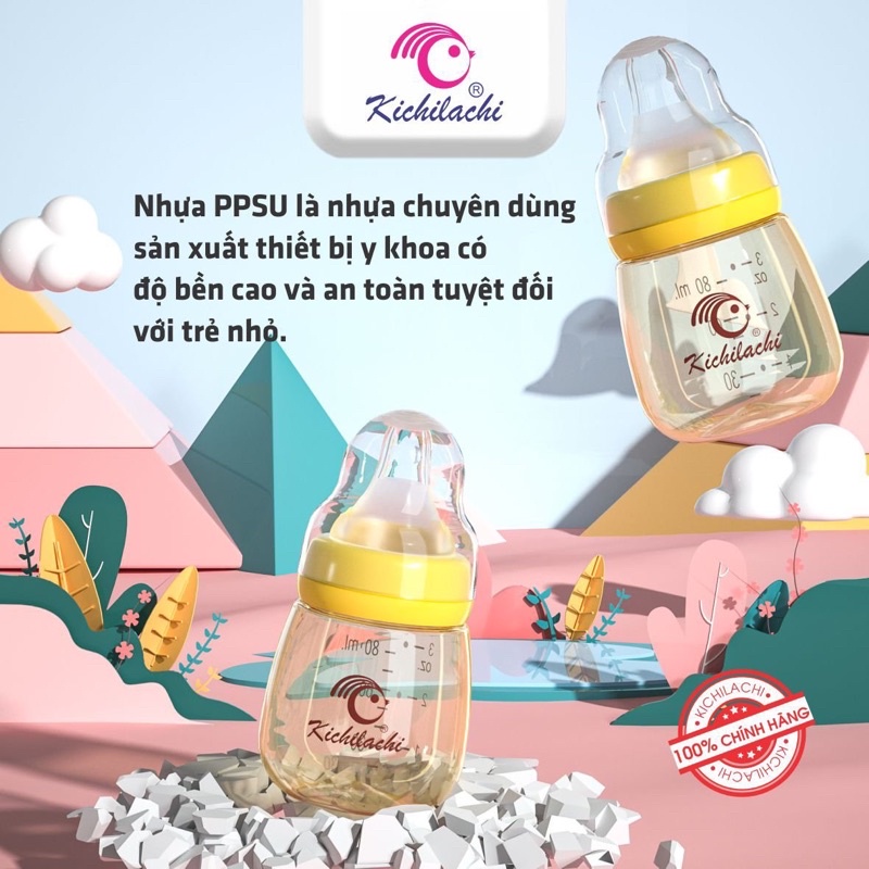 Bình Sữa Sơ Sinh Ppsu Cổ Hẹp Kichilachi 80ml Núm Ti Siêu Mềm Chống Sặc Và Đầy Hơi Cho Bé [ KÈM NÚM TI ]