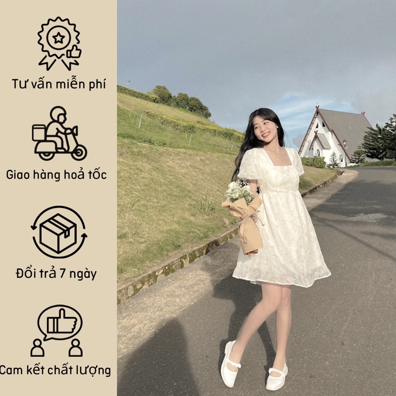 [Jolia Dress] Váy babydoll tay bồng nơ lưng vải tơ voan hoa nhăn bánh bèo tiệm của miêu