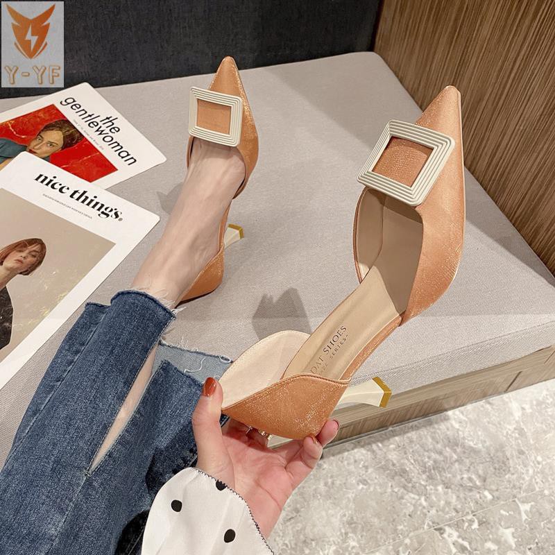 [High quality]Beige high heels women's middle heel 2021 spring new Korean version of the net red temperament pointed toe stiletto shallow mouth hollow shoes