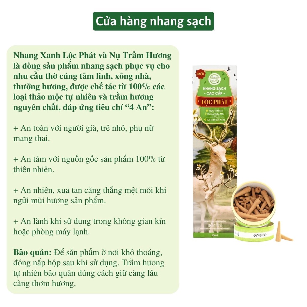 Combo Nhang Xanh Thảo Mộc Lộc Phát Hộp 200gr 30cm và nụ trầm hương cao cấp 60 viên