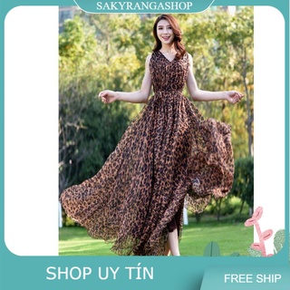 Đầm maxi da beo cổ v