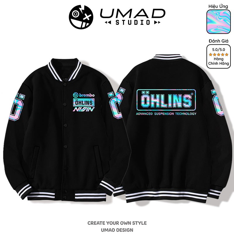 Áo khoác Bomber Varsity UMAD unisex nam nữ Ohlins hiệu ứngTitan siêu đẹp chống nắng vải nỉ 95% cotton, 5% spandex