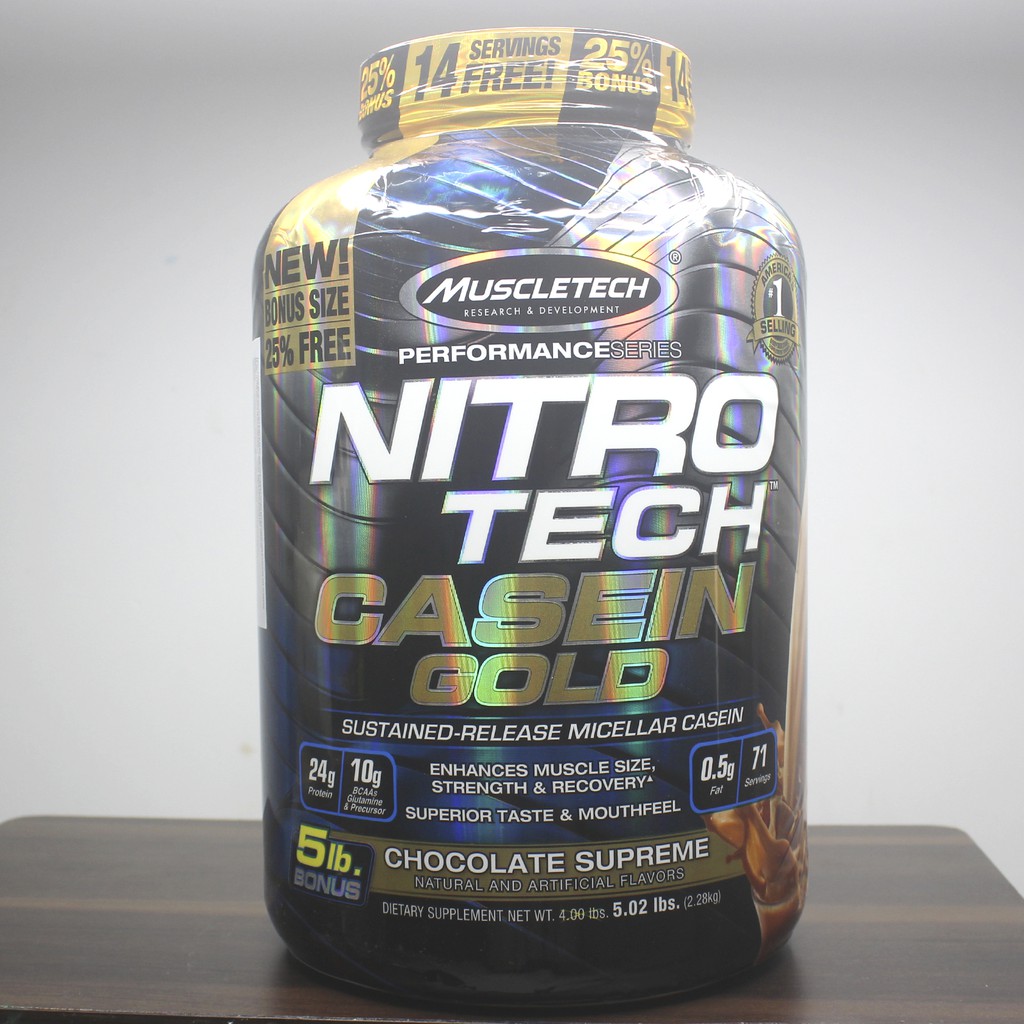 Sữa tăng cơ NitroTech Casein Gold của MuscleTech hộp 71 lần dùng hỗ trợ xây dựng và phát triển cơ bắp suốt 8 tiếng